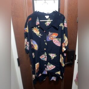 Mica Black Floral Fan Button-Up Tunic Shirt with Multicolor Printing